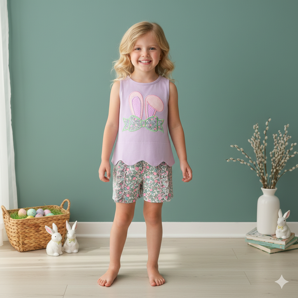 （In Stock）Girls Easter Bunny Applique Shorts Set