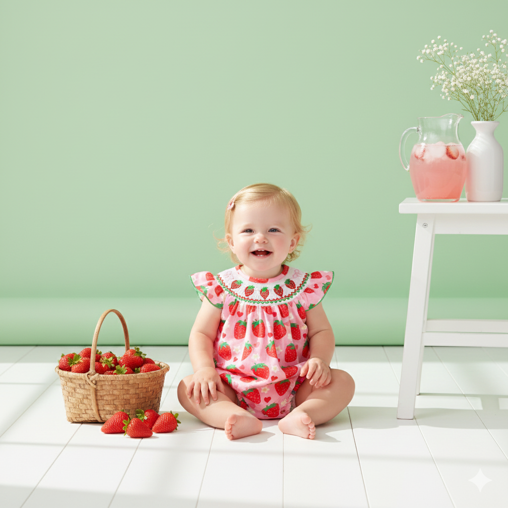 （In Stock）Toddler Girls Spring&Summer Strawberry Embroidery Smocked Romper