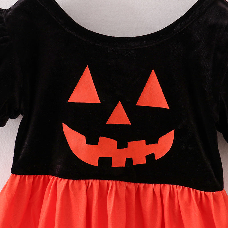 （In Stock）Girls Halloween Print Velvet Dress
