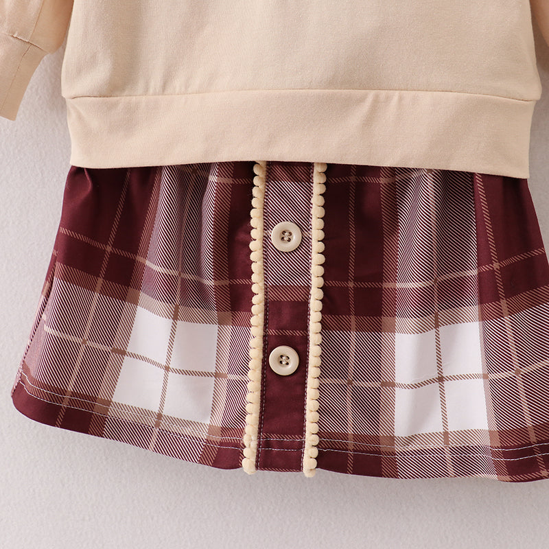 （In Stock E25-3-3）Girls Beige Top Plaid Skirt Set