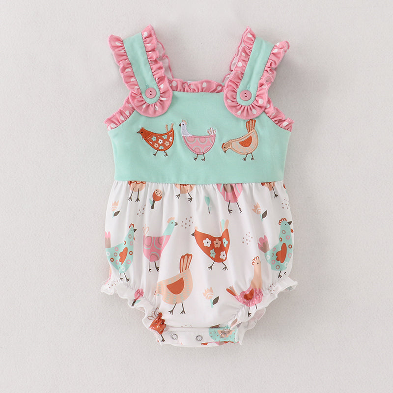 Girls Mint Coral Chicken Embroidery Romper