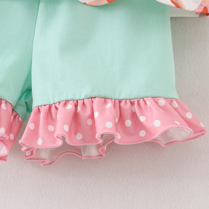 （In Stock A3-3-2）Girls Mint Coral Chicken Embroidery Shorts Set