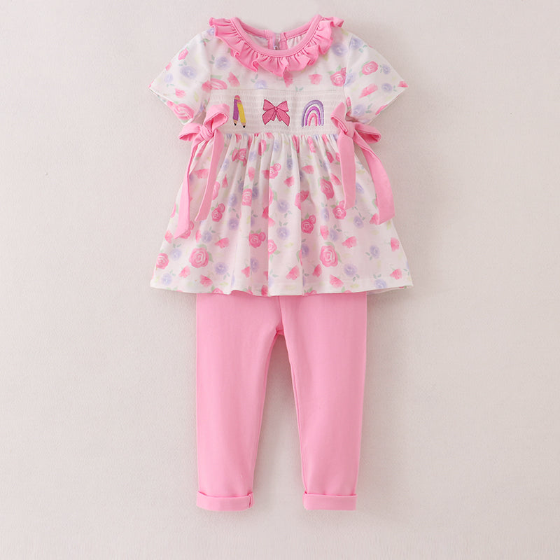 （In Stock）Girls Summer Back To School Embroidery Smocked Outfit Set