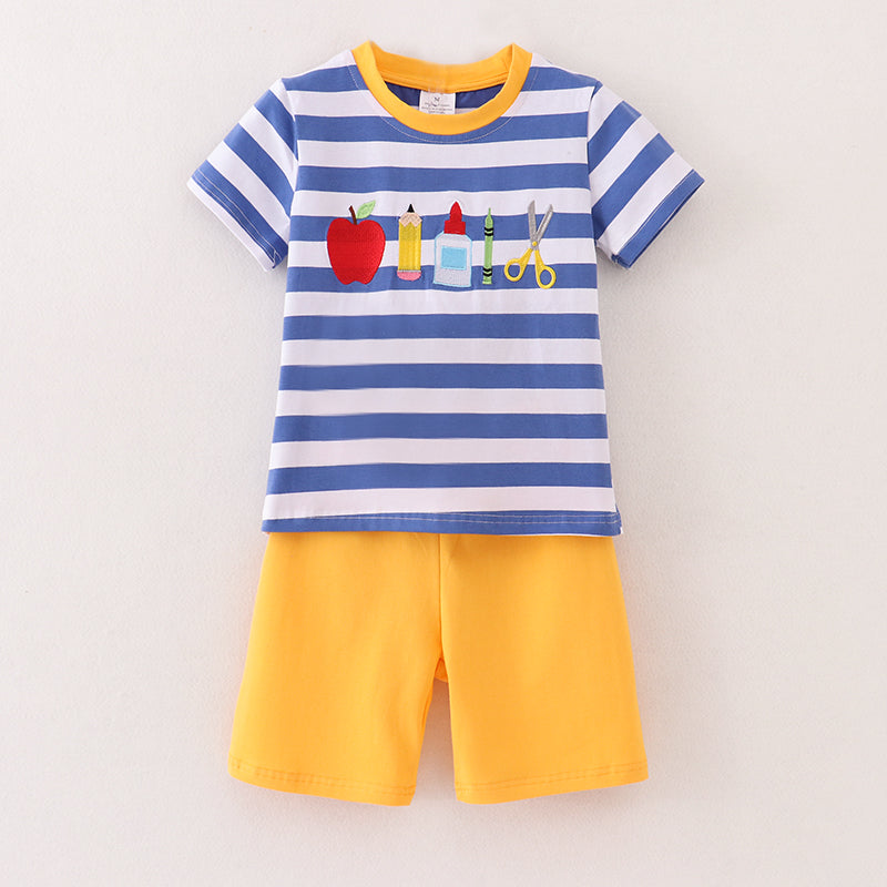 （In Stock）One Pack(5 Pieces total) Sale Boys Summer Back To School Embroidery Shorts Set