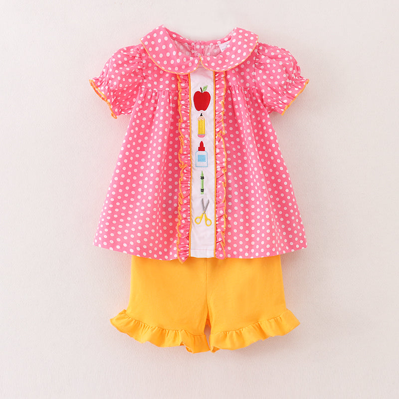 （In Stock）Girls Summer Back To School Embroidery Shorts Set