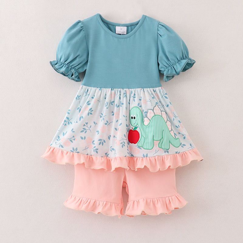（In Stock）Girls Summer Back To School Dino Applique Shorts Set