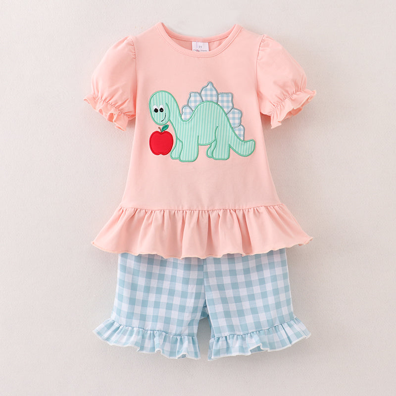 （In Stock）Girls Summer Back To School Dino Applique Shorts Set