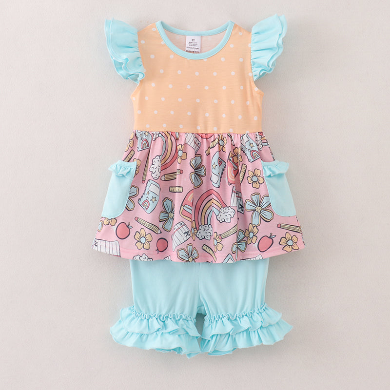 （In Stock）Girls Summer Back To School Print Shorts Set