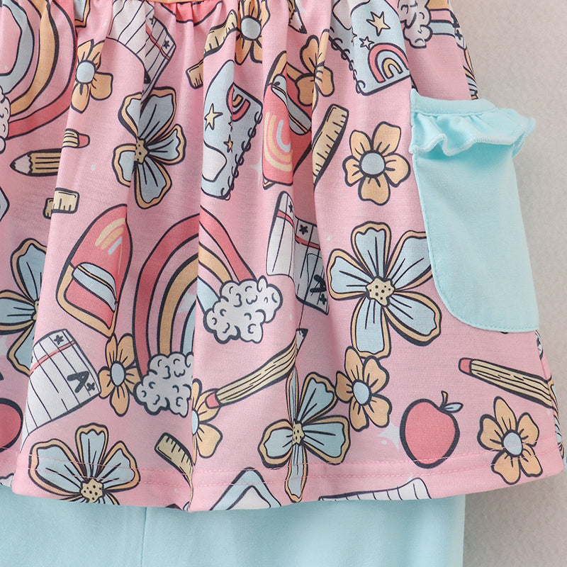 （In Stock）Girls Summer Back To School Print Shorts Set
