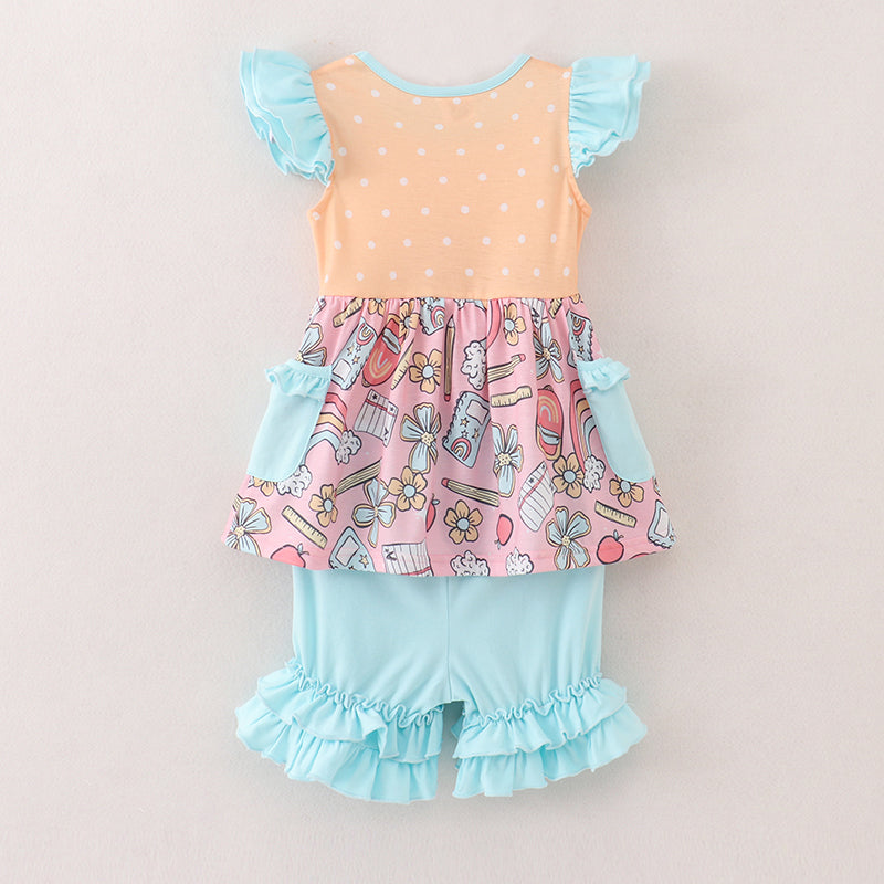 （In Stock）Girls Summer Back To School Print Shorts Set