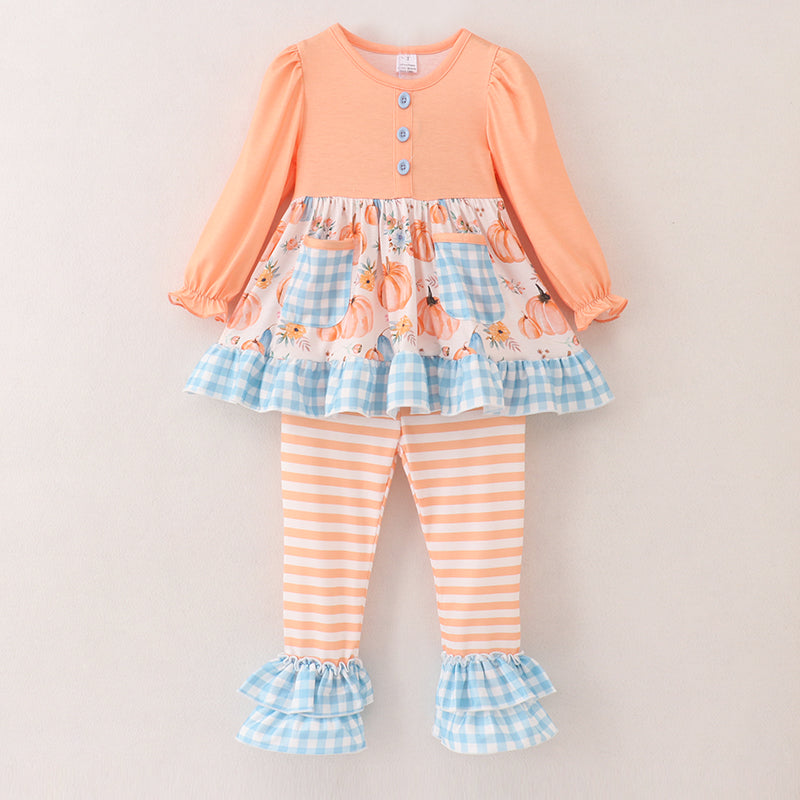 （In Stock A5-3-2）Girls Halloween Pumpkin Print Outfit Set