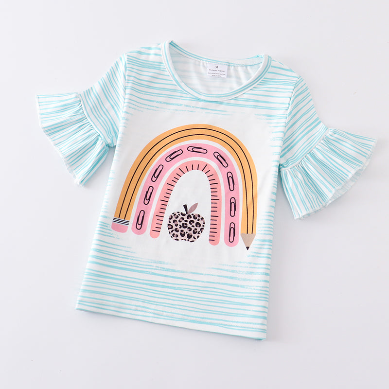 (In Stock E11-04-01)Stripe Pencil Rainbow Print Bleached T-shirt