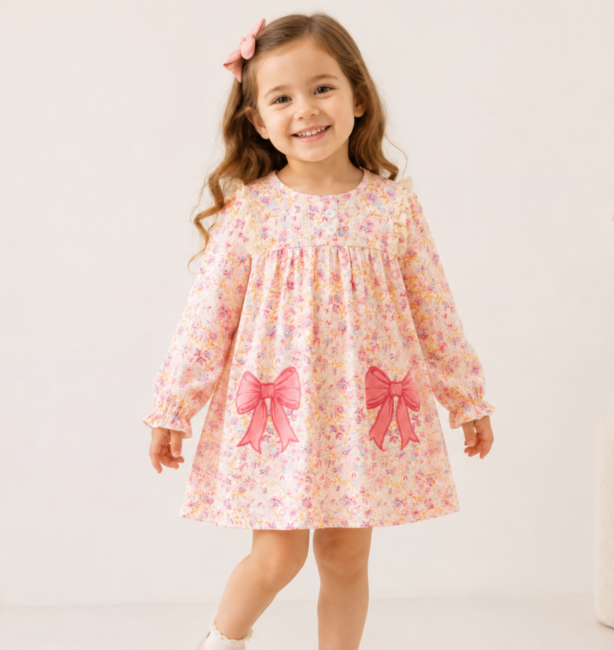 （In Stock）Girls Fall Bow Applique Dress