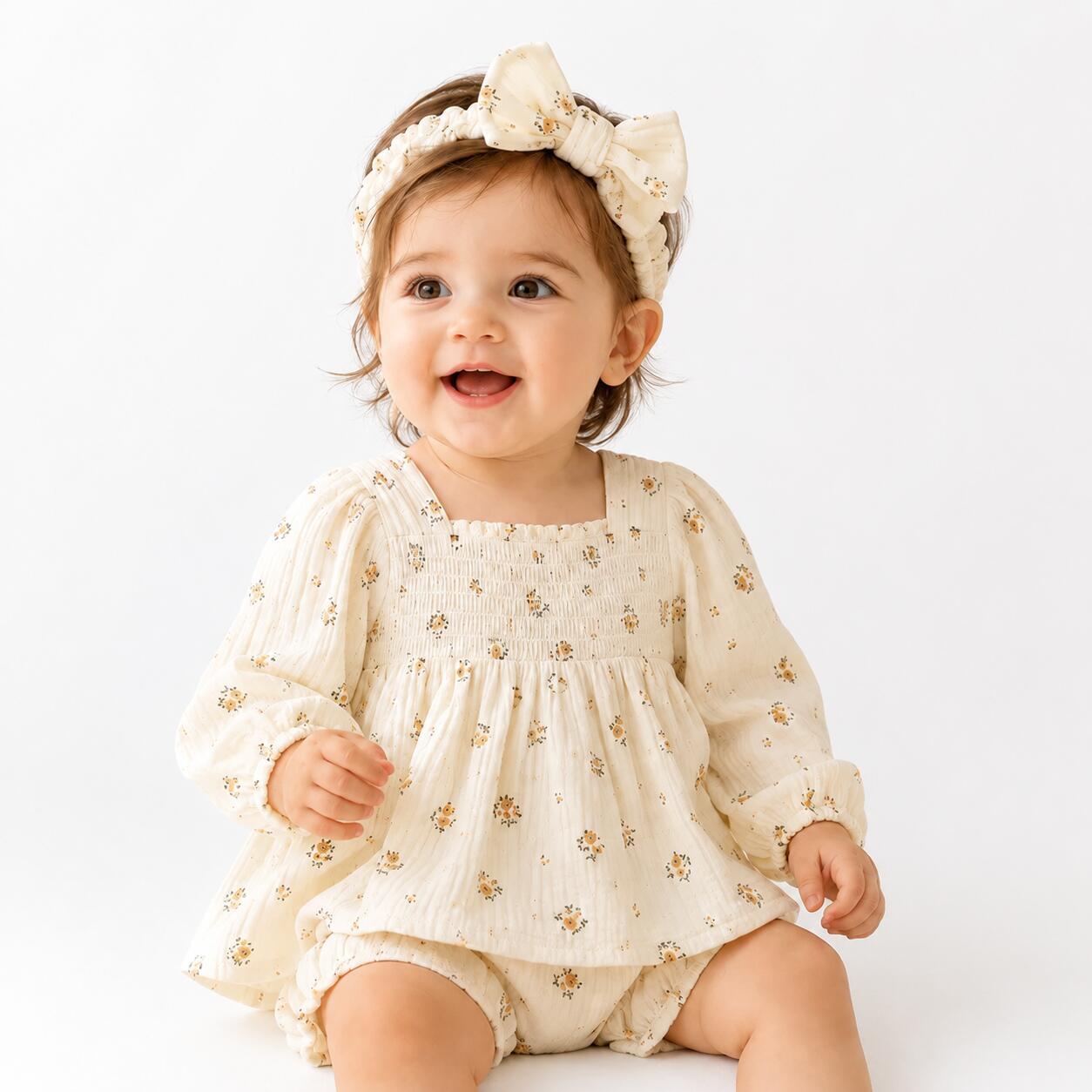 （In Production）Girls Fall Floral Print Smocked Romper