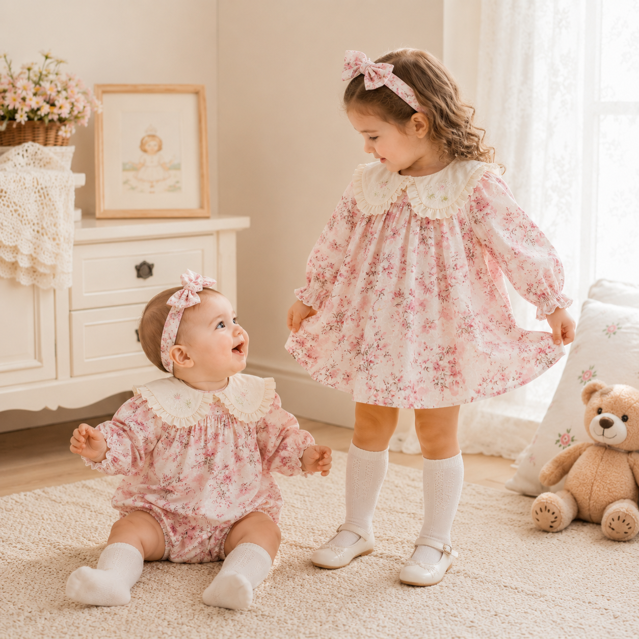 （In Production）Sisters Baby Collar Pink Floral Dress&Romper