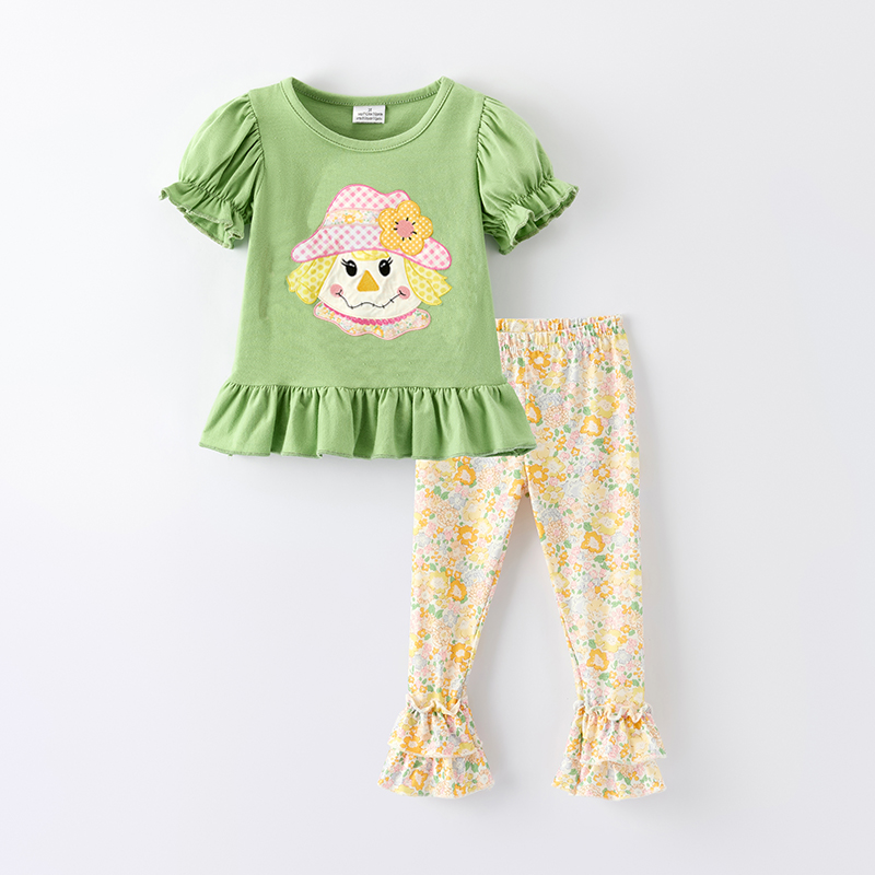 （In Stock）Girls Thanksgiving Scarecrow Applique Ruffle Outfit Set