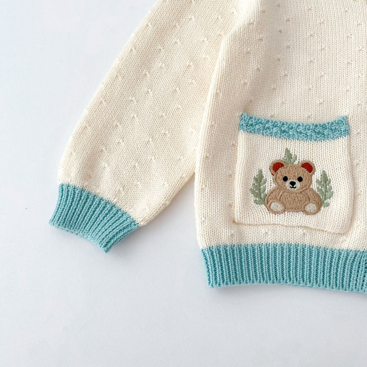 （Pre Order 2 Weeks）Kids Fall Bear Embroidery Sweater Cardigan with Pockets