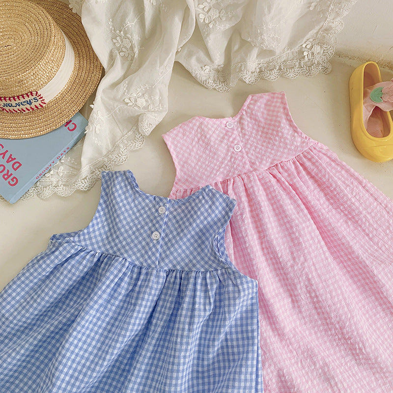 （In Production）Girls Spring&Summer Goose Applique Plaid Dress
