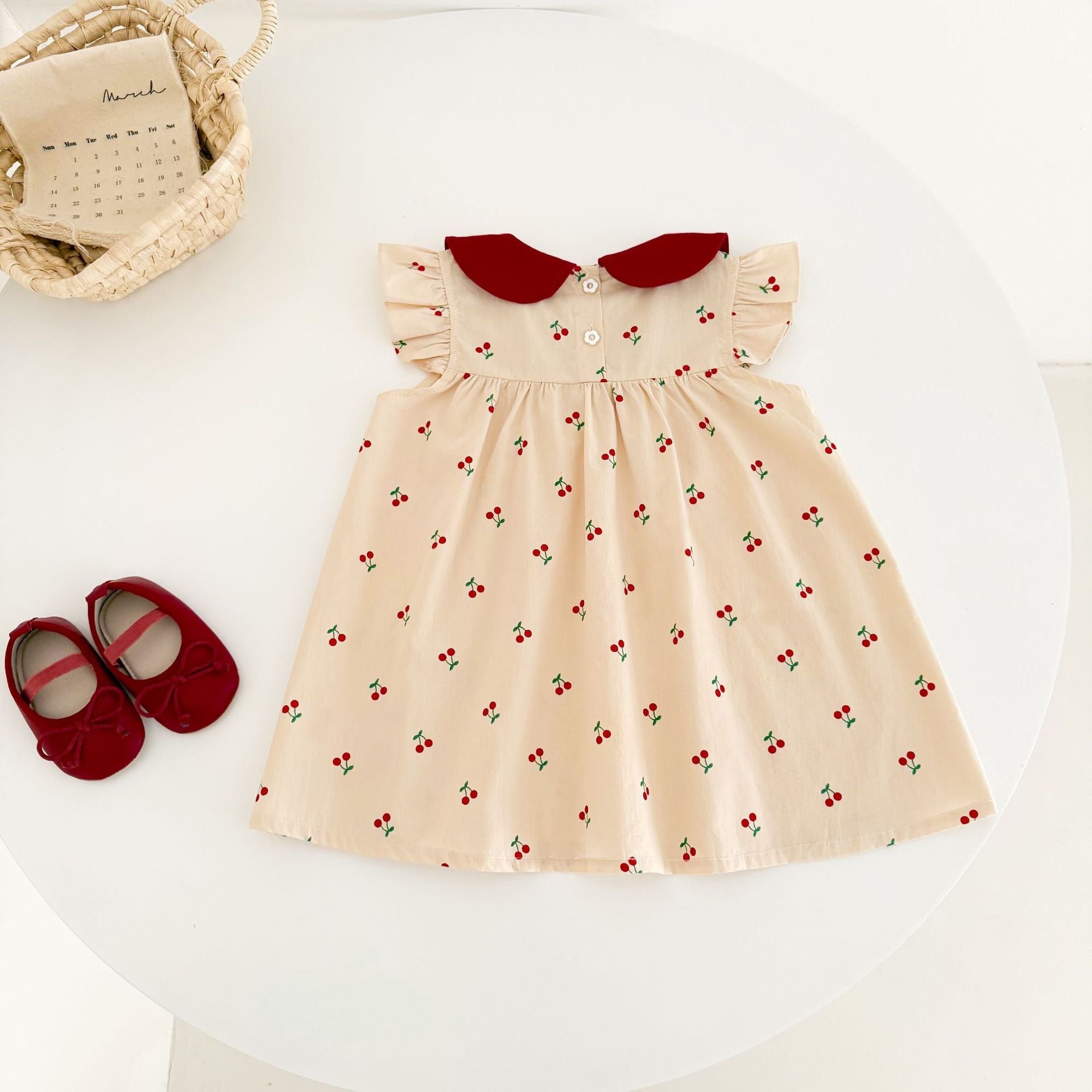 （In Production）Girls Spring&Summer Cherry Print Flying Sleeves Dress