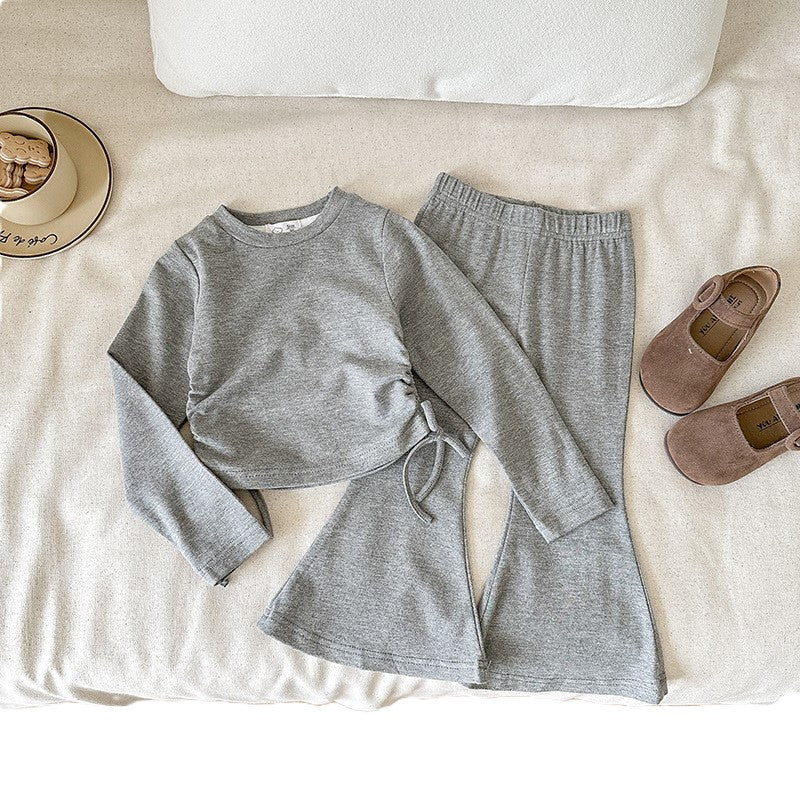 （In Production）Girls Fall&Winter Solid Color Top Flare Pants Set