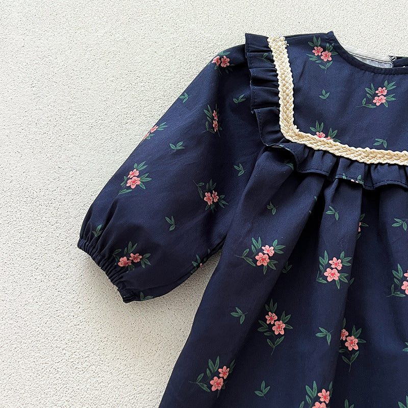 （In Production）Sisters Fall Navy Floral Print Dress&Romper