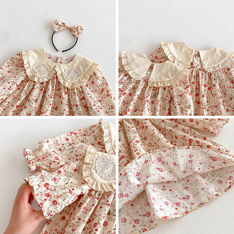 （In Production）Sisters Fall Floral Print Ruffle Dress&Romper