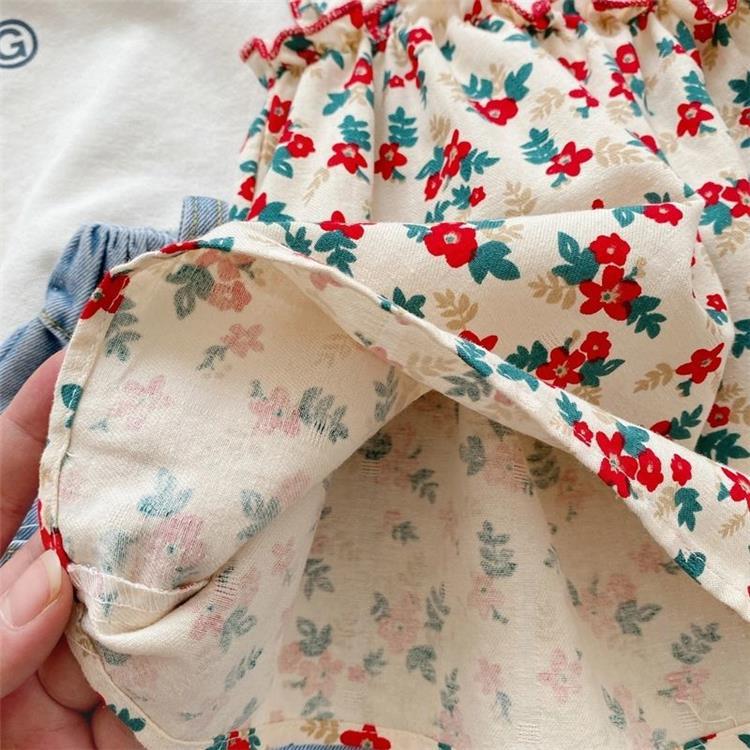 （In Production）Girls Spring&Summer Floral Print Denim Shorts Set