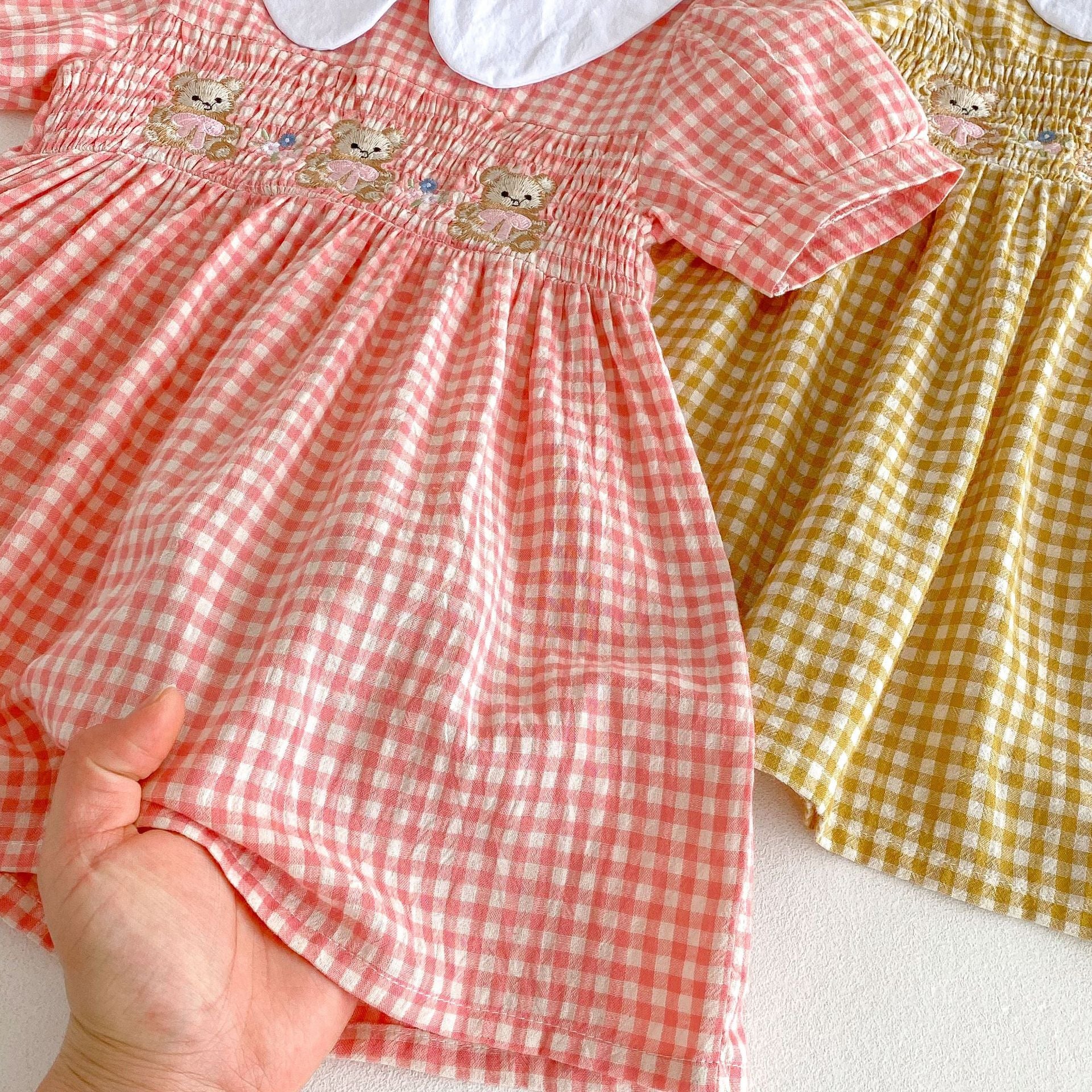 （Pre Order 2 Weeks）Girls Fall Plaid Bear Embroidery Smocked Dress