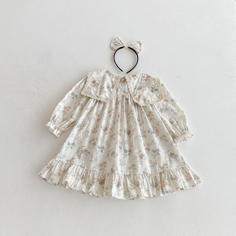 （In Production）Sisters Fall Floral Print Lace Bow Ruffle Dress&Romper