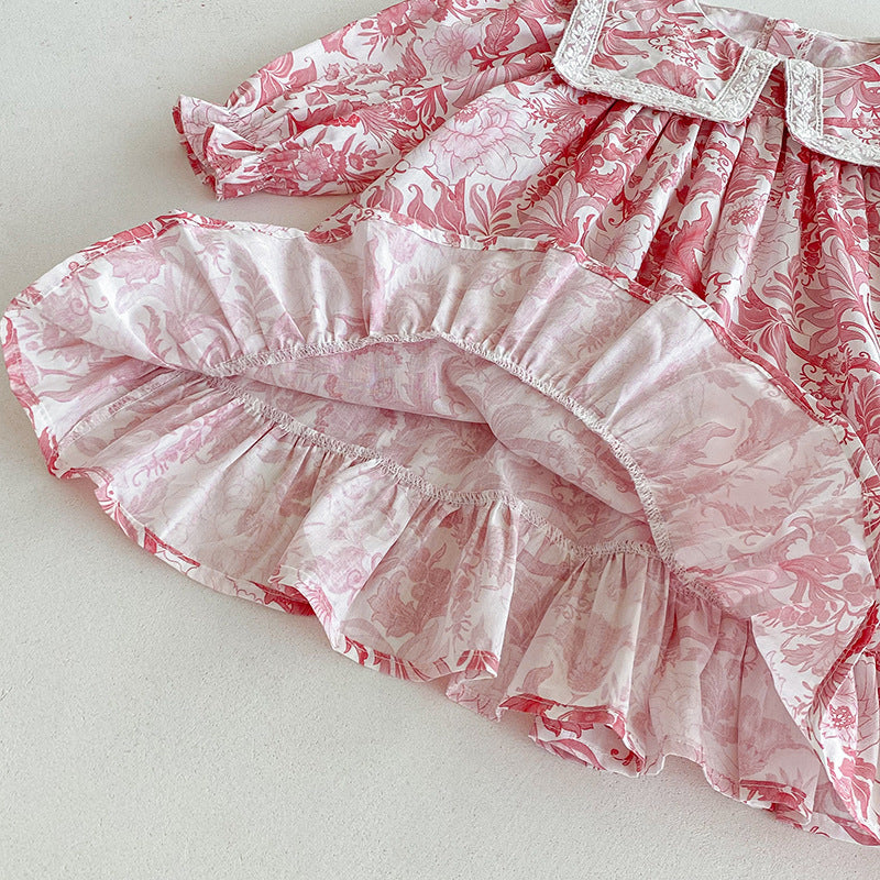 （Pre Order 2 Weeks）Sisters Fall Pink Floral Print Collar Dress&Romper