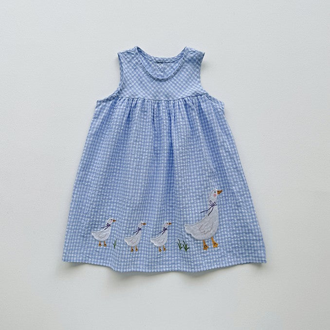 （In Production）Girls Spring&Summer Goose Applique Plaid Dress