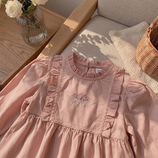 （Pre Order 2 Weeks）Girls Fall Floral Embroidery Ruffle Dress