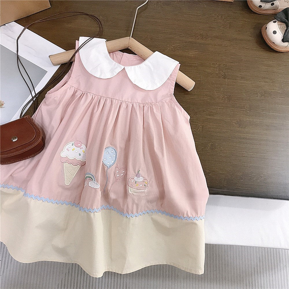 （In Production）Girls Summer Ice Cream Applique Doll Collar Dress