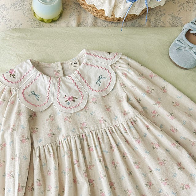 （Pre Order 2 Weeks）Girls Fall Floral Embroidery Petal Collar Dress