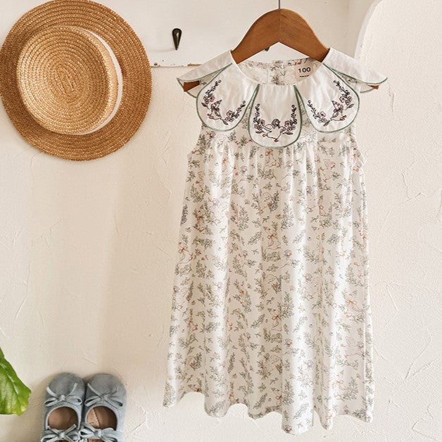 （In Production）Girls Spring&Summer Goose Embroidery Petal Collar Dress