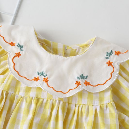 （In Production）Toddler Girls Spring&Summer Embroidery Yellow Plaid Romper