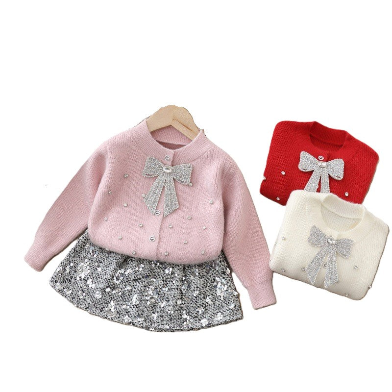 （In Production）Girls Fall&Winter Cardigan Sequin Skirt Set