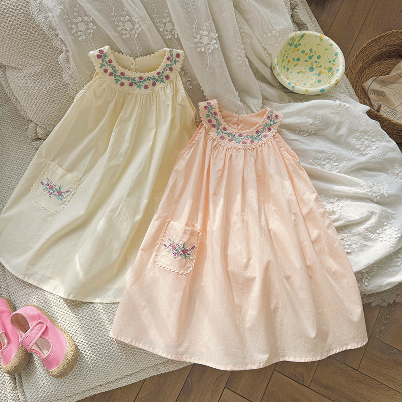 （In Production）Girls Spring&Summer Floral Embroidery Sleeveless Dress