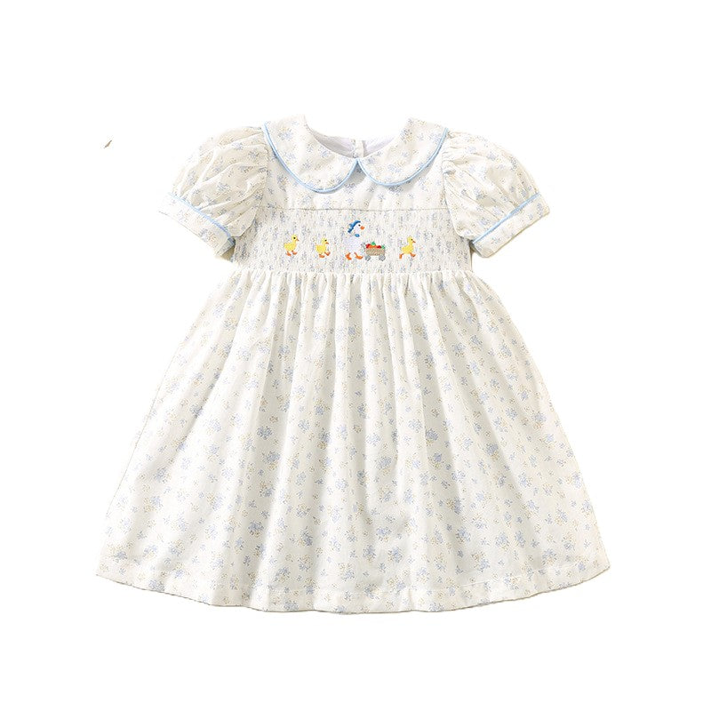 （In Production）One Pack(5 Pieces total)Sale Girls Goose Embroidery Smocked Dress