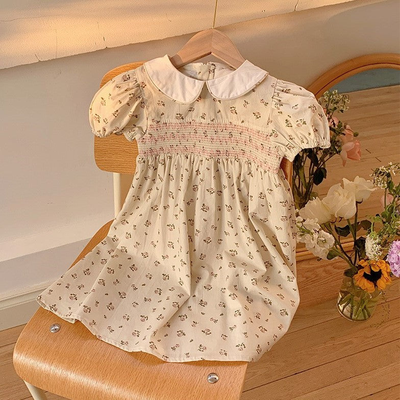 （In Production）Girls Spring&Summer Floral Print Doll Collar Smocked Dress