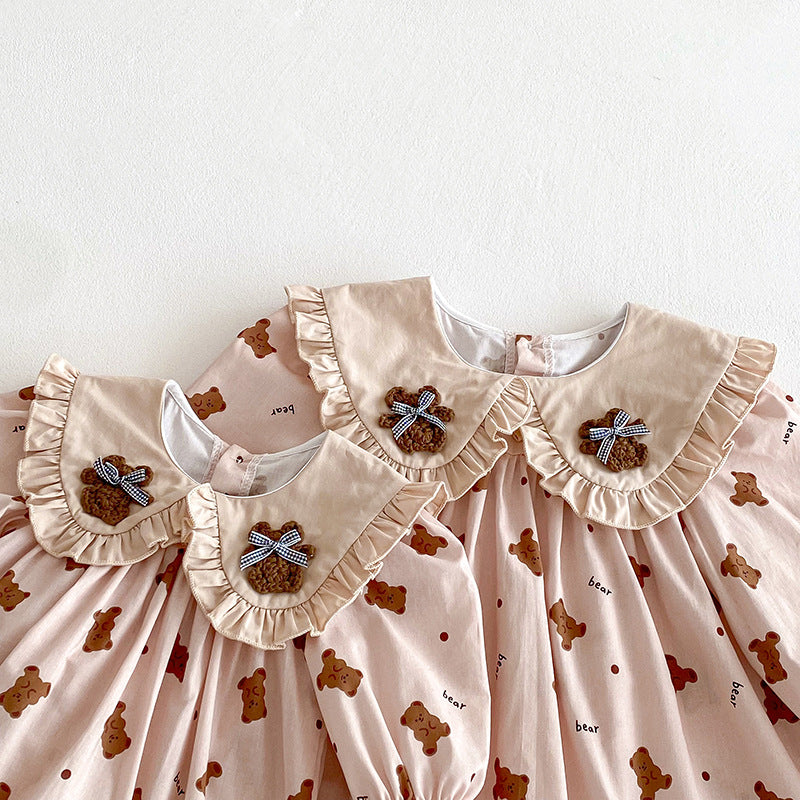 （Pre Order 2 Weeks）Sisters Fall Bear Print Collar Dress&Romper