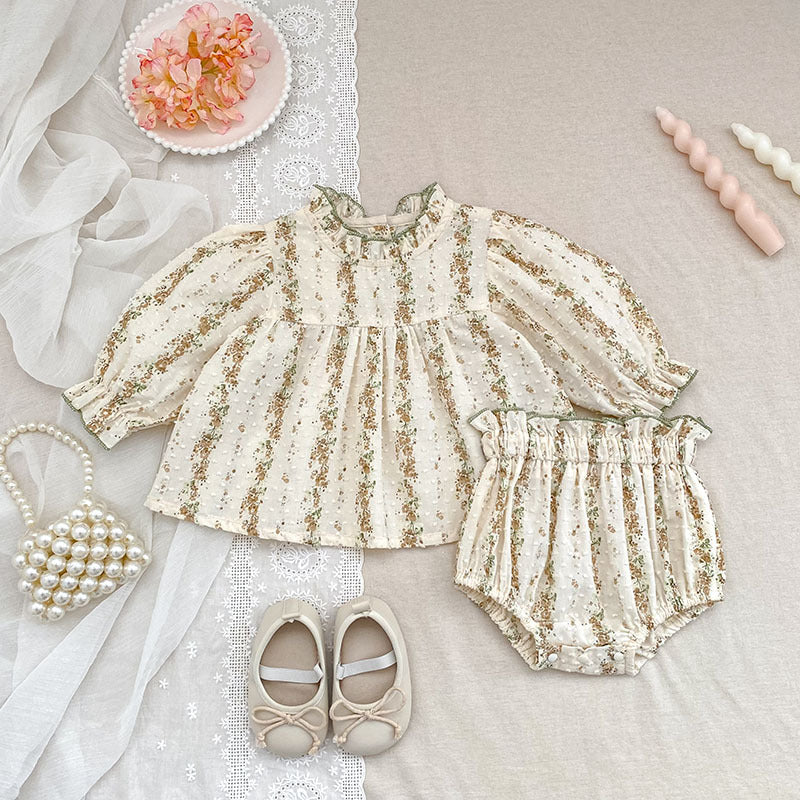 （In Production）Toddler Girls Spring&Summer Floral Print Swiss Dot Bloomer Set