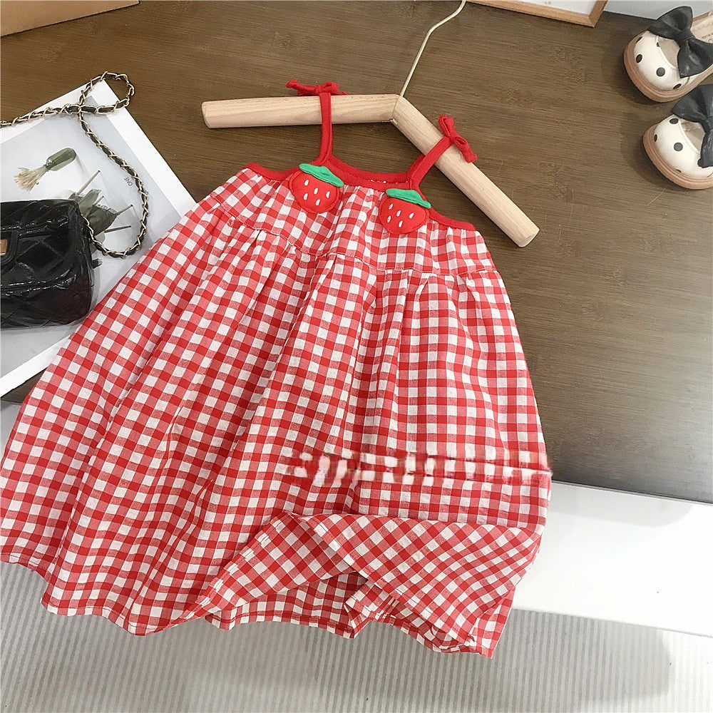 （In Production）Girls Spring&Summer Strawberry Plaid Slip Dress