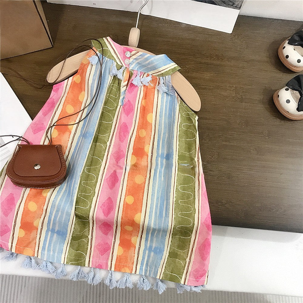 （In Production）Girls Spring&Summer Striped Fringed Dress
