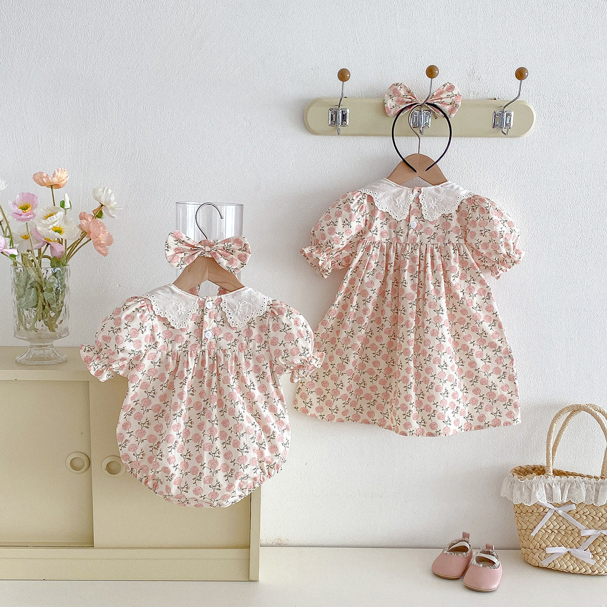 （In Production）Sisters Summer Rose Print Baby Collar Dress&Romper