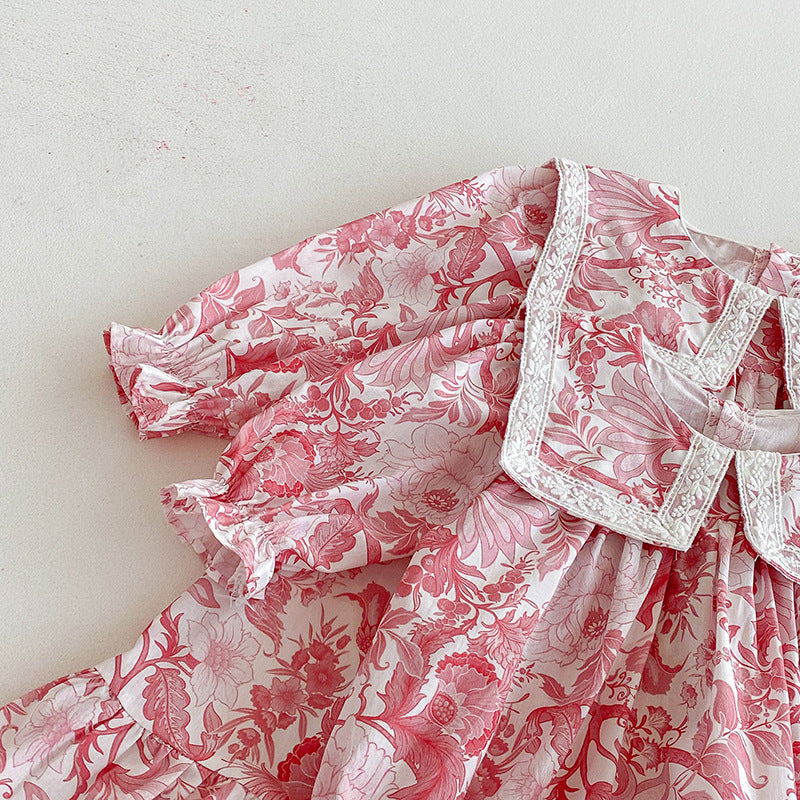 （Pre Order 2 Weeks）Sisters Fall Pink Floral Print Collar Dress&Romper