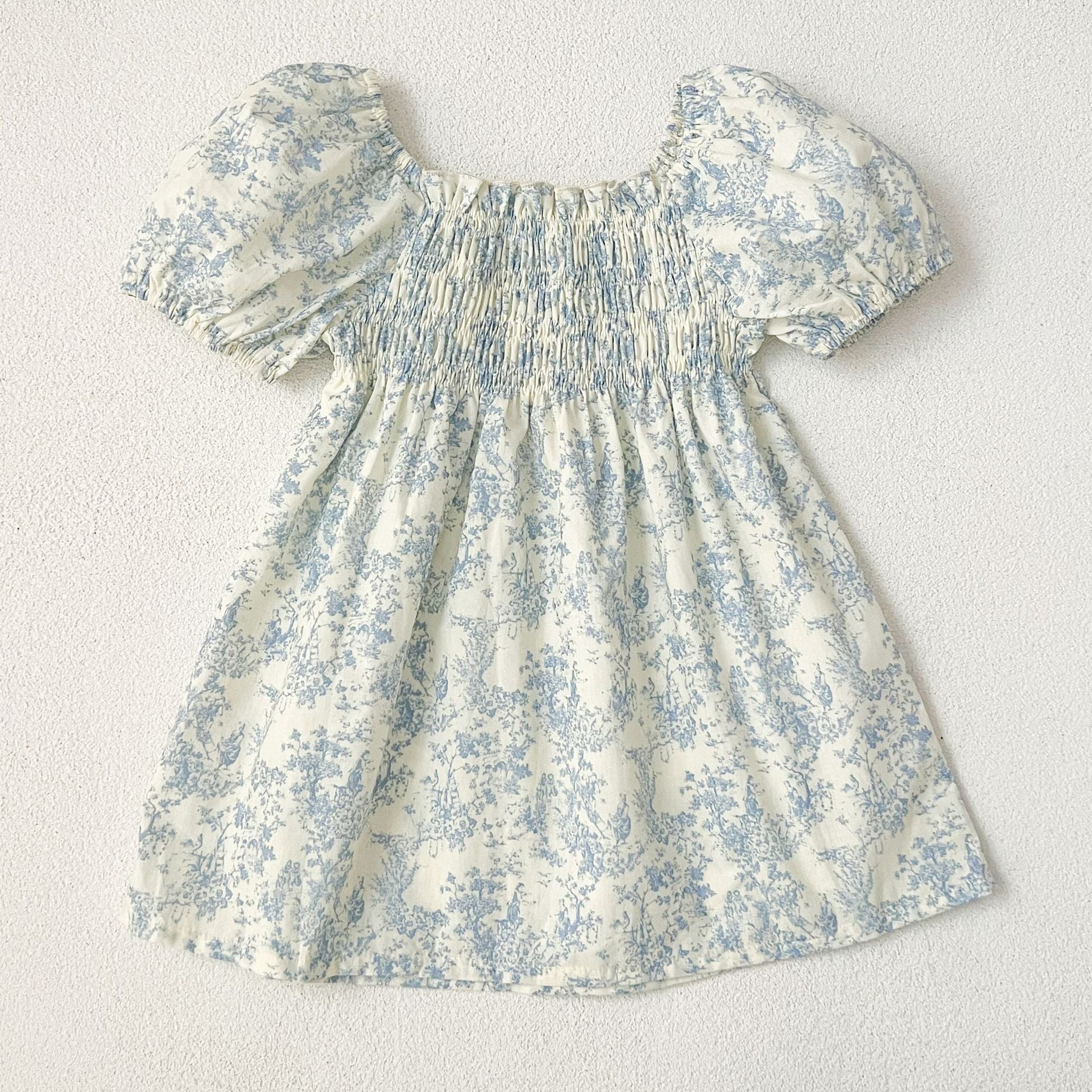 （In Production）Sisters Spring&Summer Blue Floral Print Smocked Dress,Romper