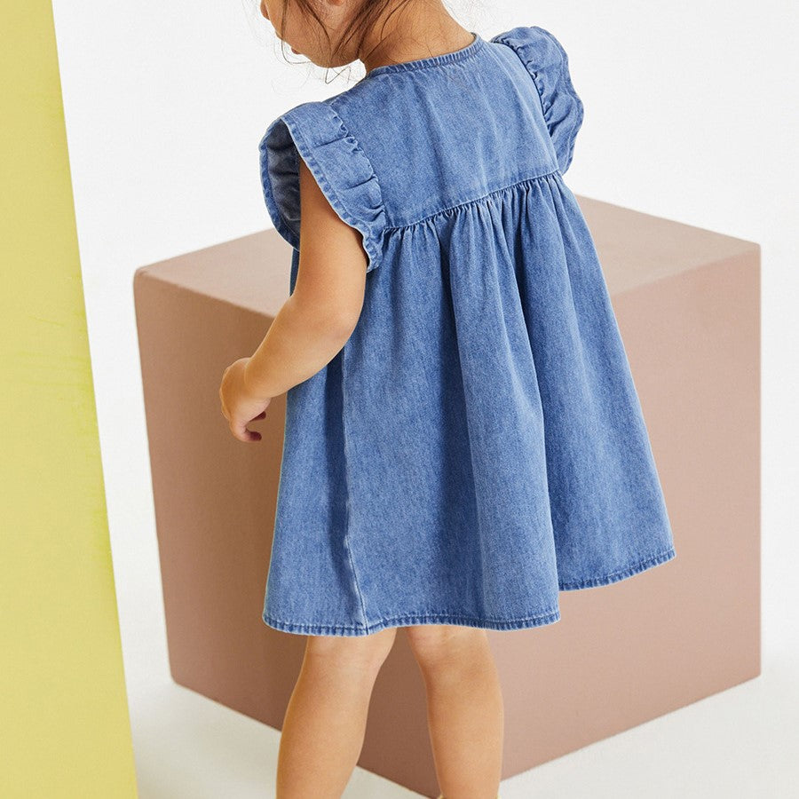 （In Production）Girls Spring&Summer Dino Chenille Patches Denim Dress