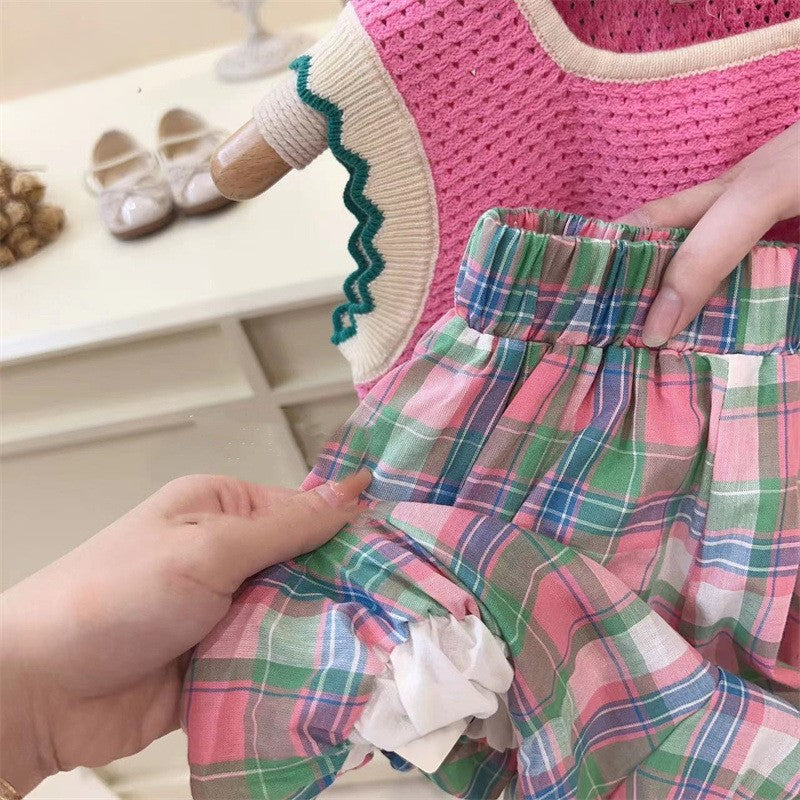 （In Production）Girls Spring&Summer Knitted Scallop Vest Plaid Shorts Set