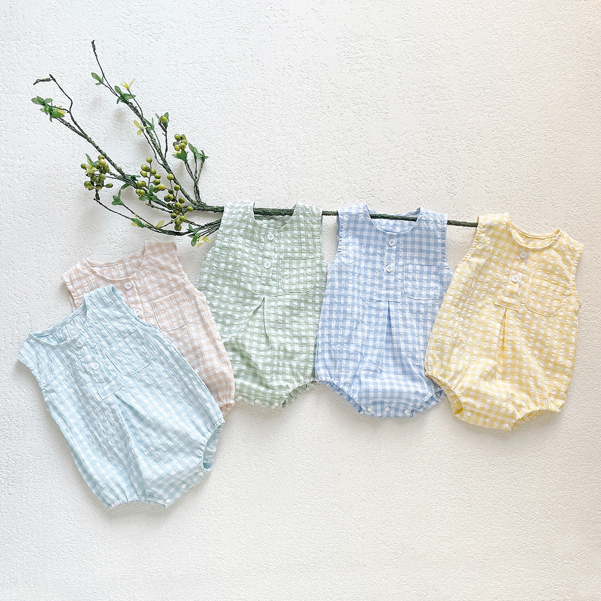 （In Production）Toddler Boys Girls Spring&Summer Checkered Sleeveless Romper
